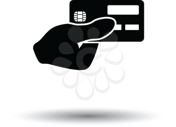 Hand holding credit card icon. White background with shadow design. Vector illustration.