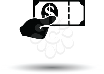 Hand holding money icon. White background with shadow design. Vector illustration.