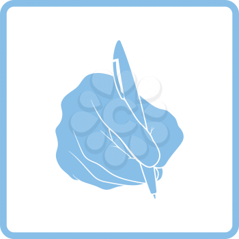 Hand with pen icon. Blue frame design. Vector illustration.