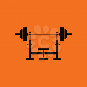Bench with barbel icon. Orange background with black. Vector illustration.