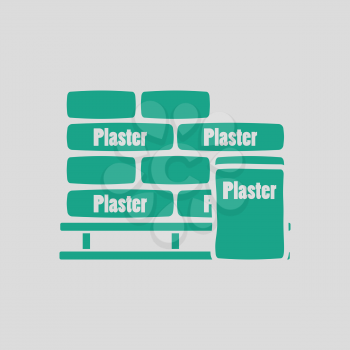 Palette with plaster bags icon. Gray background with green. Vector illustration.
