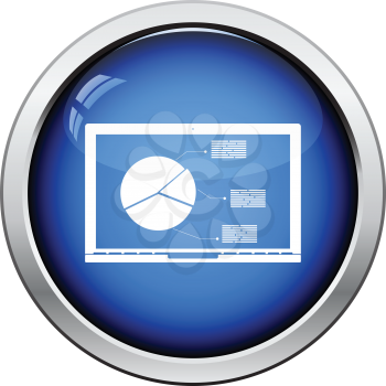 Laptop with analytics diagram icon. Glossy button design. Vector illustration.
