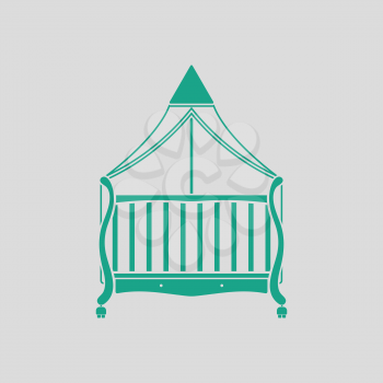 Crib with canopy icon. Gray background with green. Vector illustration.