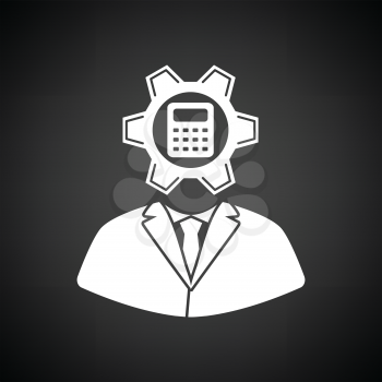Analyst with gear hed and calculator inside icon. Black background with white. Vector illustration.