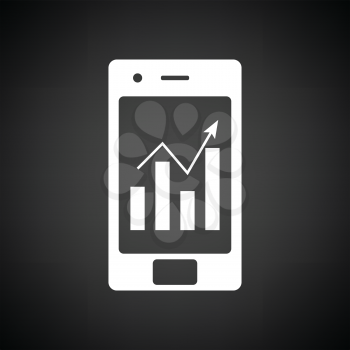 Smartphone with analytics diagram icon. Black background with white. Vector illustration.