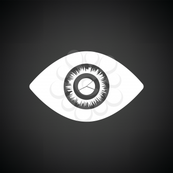 Eye with market chart inside pupil icon. Black background with white. Vector illustration.