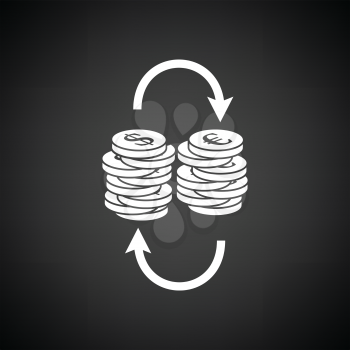 Dollar euro coins stack icon. Black background with white. Vector illustration.