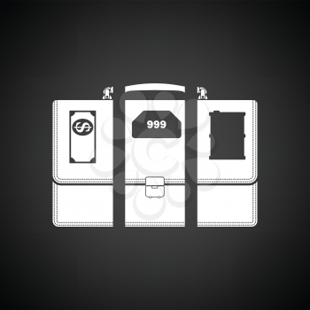 Oil, dollar and gold dividing briefcase concept icon. Black background with white. Vector illustration.