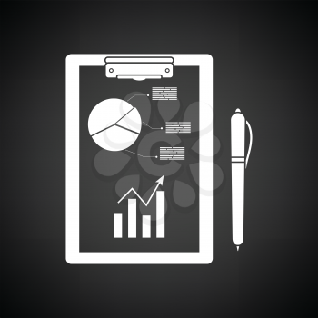 Writing tablet with analytics chart and pen icon. Black background with white. Vector illustration.