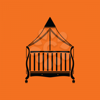 Crib with canopy icon. Orange background with black. Vector illustration.