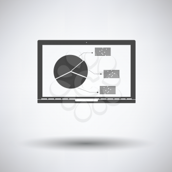 Laptop with analytics diagram icon on gray background, round shadow. Vector illustration.