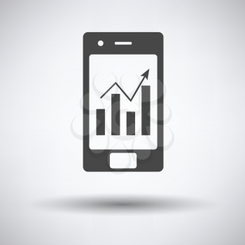 Smartphone with analytics diagram icon on gray background, round shadow. Vector illustration.