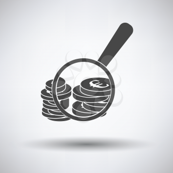 Magnifying over coins stack icon on gray background, round shadow. Vector illustration.