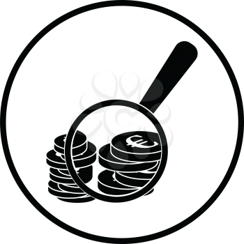 Magnifying over coins stack icon. Thin circle design. Vector illustration.