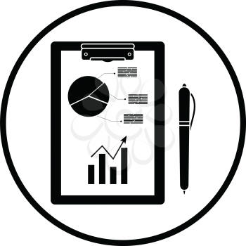 Writing tablet with analytics chart and pen icon. Thin circle design. Vector illustration.