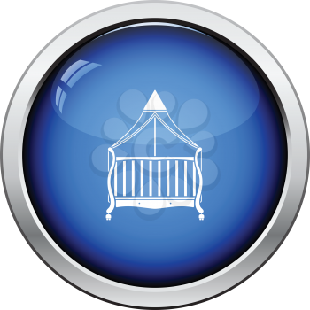 Crib with canopy icon. Glossy button design. Vector illustration.