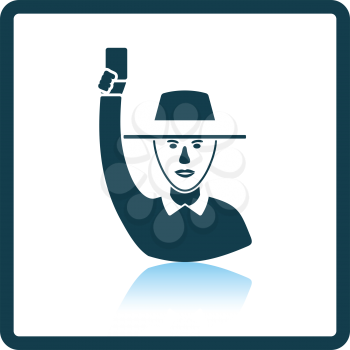 Cricket umpire with hand holding card icon. Shadow reflection design. Vector illustration.
