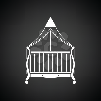 Crib with canopy icon. Black background with white. Vector illustration.
