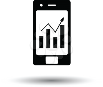 Smartphone with analytics diagram icon. White background with shadow design. Vector illustration.