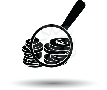 Magnifying over coins stack icon. White background with shadow design. Vector illustration.