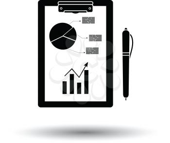 Writing tablet with analytics chart and pen icon. White background with shadow design. Vector illustration.