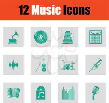 Set of musical icons. Green on gray design. Vector illustration.