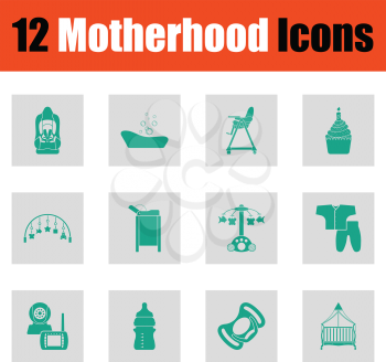 Motherhood icon set. Green on gray design. Vector illustration.
