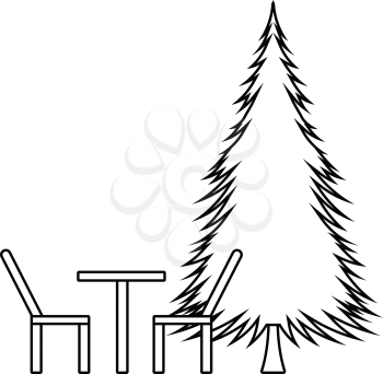 Icon of park seat and pine tree . Thin line design. Vector illustration.