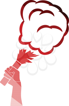 Football fans hand holding burned flayer with smoke icon. Flat color design. Vector illustration.