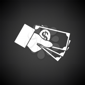 Hand Holding Money Icon. White on Black Background. Vector Illustration.