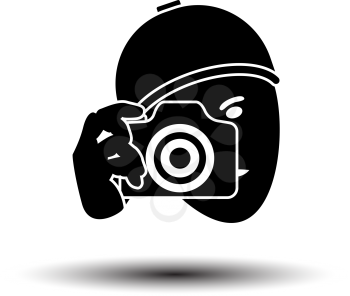 Detective With Camera Icon. Black on White Background With Shadow. Vector Illustration.