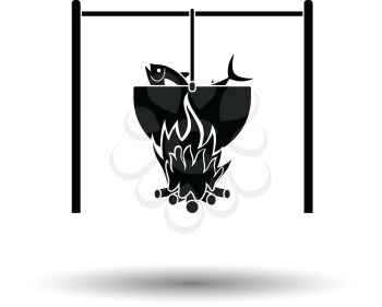 Icon of fire and fishing pot. White background with shadow design. Vector illustration.