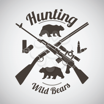 Hunting Vintage Emblem. Crossed Hunting Gun And Rifle With Ammo and Bears Silhouettes.  Dark Brown Retro Style.  Vector Illustration. 