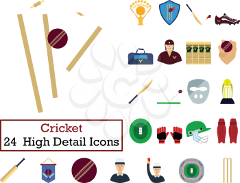 Set of 24  Cricket Icons. Flat color design. Vector illustration.