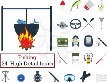 Set of 24  Fishing Icons. Flat color design. Vector illustration.