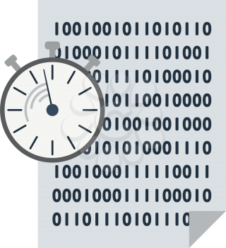 Fast Development Icon. Sheet With Binary Code and Stopwatch in Front. Flat color design. Data series. Vector illustration.
