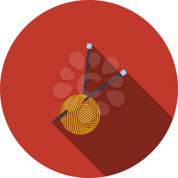 Yarn Ball With Knitting Needles Icon. Flat Circle Stencil Design With Long Shadow. Vector Illustration.