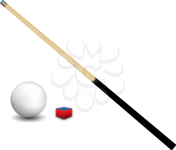 Billiard (snooker) ball with cue and chalk on white background. Vector illustration.