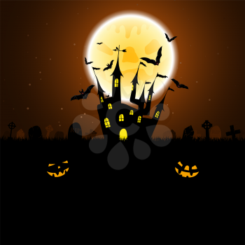 Halloween greeting (invitation) card. Elegant design with castle near cemetery, flying bats and moon  over grunge dark brown starry sky background. Vector illustration.