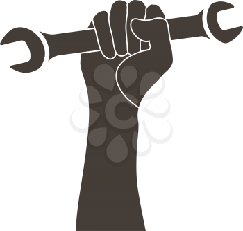 Labour day emblem with wrench in fist. Vector illustration. 