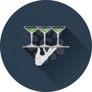 Waiter Hand Holding Tray With Martini Glasses Icon. Flat Circle Stencil Design With Long Shadow. Vector Illustration.