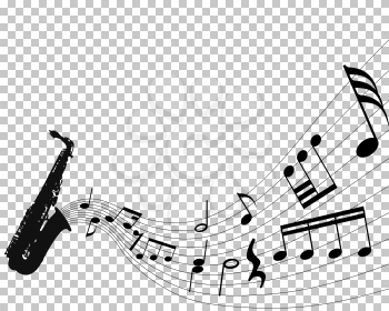 Abstract music background with different notes and wind instruments with transparency grid on back. Vector Illustration.