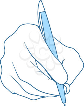Hand With Pen Icon. Thin Line With Blue Fill Design. Vector Illustration.