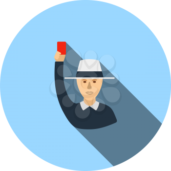 Cricket Umpire With Hand Holding Card Icon. Flat Circle Stencil Design With Long Shadow. Vector Illustration.
