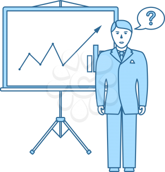 Clerk Near Analytics Stand Icon. Thin Line With Blue Fill Design. Vector Illustration.