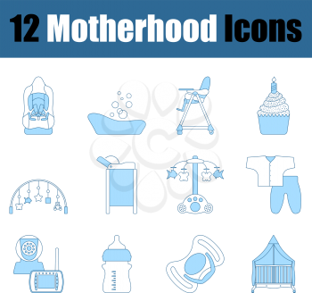 Motherhood Icon Set. Thin Line With Blue Fill Design. Vector Illustration.