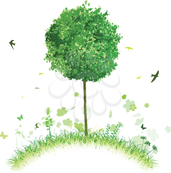 Royalty Free Clipart Image of a Tree on a Hillside
