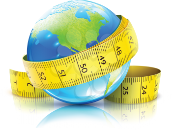 Vector illustration of global diet concept with blue glossy globe and yellow measuring tape