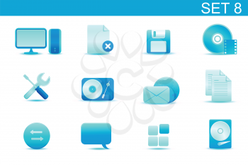 Vector illustration  set of blue elegant simple icons for common computer and media devices functions.Set-8