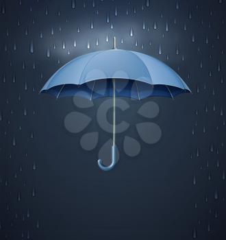 Vector illustration of cool single weather icon - elegant opened umbrella with heavy fall rain in the dark sky